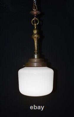 Art deco industrial Opaline glass bronze & brass schoolhouse pendant light C1920