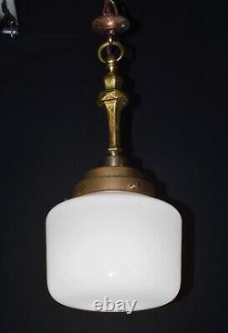 Art deco industrial Opaline glass bronze & brass schoolhouse pendant light C1920