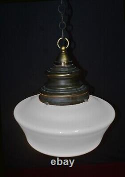 Art deco industrial Opaline glass & bronze pendant schoolhouse light C-1930s