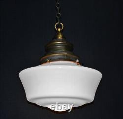 Art deco industrial Opaline glass & bronze pendant schoolhouse light C-1930s