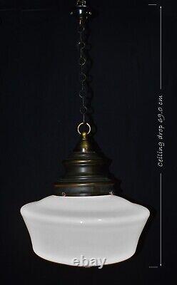 Art deco industrial Opaline glass & bronze pendant schoolhouse light C-1930s