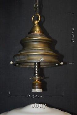 Art deco industrial Opaline glass & bronze pendant schoolhouse light C-1930s