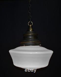 Art deco industrial Opaline glass & bronze pendant schoolhouse light C-1930s