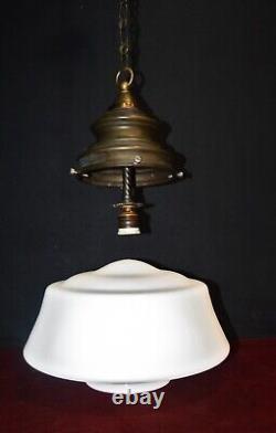 Art deco industrial Opaline glass & bronze pendant schoolhouse light C-1930s