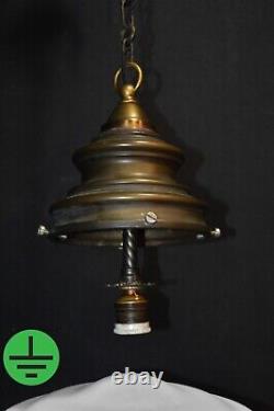 Art deco industrial Opaline glass & bronze pendant schoolhouse light C-1930s