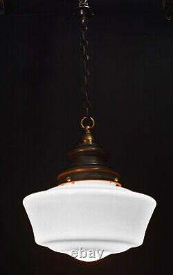 Art deco industrial Opaline glass & bronze pendant schoolhouse light C-1930s
