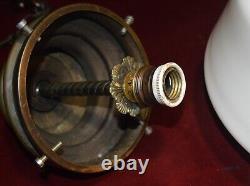 Art deco industrial Opaline glass & bronze pendant schoolhouse light C-1930s