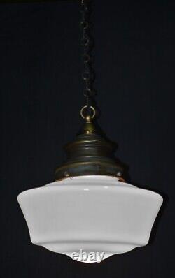 Art deco industrial Opaline glass & bronze pendant schoolhouse light C-1930s
