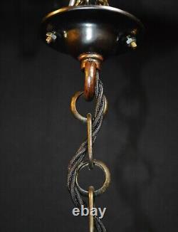 Art deco industrial Opaline glass & bronze pendant schoolhouse light C-1930s
