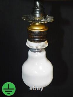 Art deco industrial Opaline glass & bronze pendant schoolhouse light C-1930s