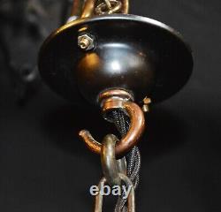 Art deco industrial Opaline glass & bronze pendant schoolhouse light C-1930s