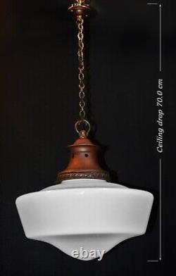 Art deco industrial Opaline glass & bronze pendant schoolhouse light C-1940s