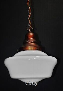 Art deco industrial Opaline glass & bronze pendant schoolhouse light C-1940s