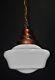 Art Deco Industrial Opaline Glass & Bronze Pendant Schoolhouse Light C-1940s