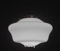 Art deco industrial Opaline glass & bronze pendant schoolhouse light C-1940s
