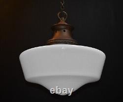 Art deco industrial Opaline glass & bronze pendant schoolhouse light C-1940s