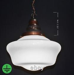 Art deco industrial Opaline glass & bronze pendant schoolhouse light C-1940s