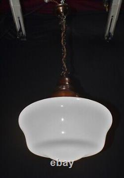 Art deco industrial Opaline glass & bronze pendant schoolhouse light C-1940s