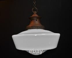 Art deco industrial Opaline glass & bronze pendant schoolhouse light C-1940s