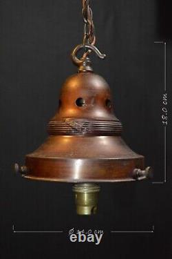Art deco industrial Opaline glass & bronze pendant schoolhouse light C-1940s