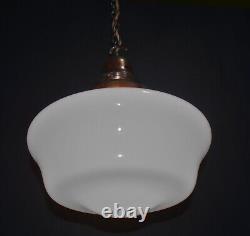 Art deco industrial Opaline glass & bronze pendant schoolhouse light C-1940s