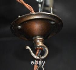 Art deco industrial Opaline glass & bronze pendant schoolhouse light C-1940s