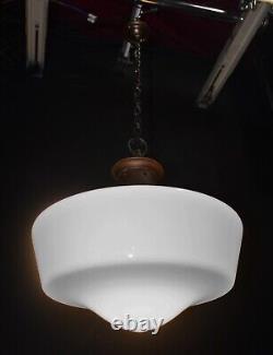 Art deco industrial Opaline glass & bronze pendant schoolhouse light C-1940s