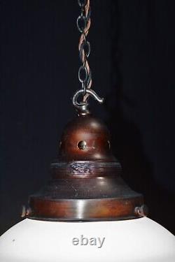Art deco industrial Opaline glass & bronze pendant schoolhouse light C-1940s