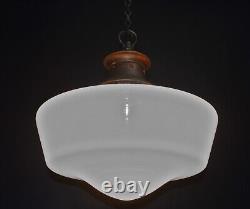 Art deco industrial Opaline glass & bronze pendant schoolhouse light C-1940s