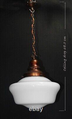 Art deco industrial Opaline glass & bronze pendant schoolhouse light C-1940s
