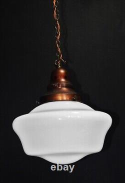 Art deco industrial Opaline glass & bronze pendant schoolhouse light C-1940s