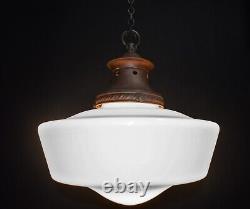 Art deco industrial Opaline glass & bronze pendant schoolhouse light C-1940s