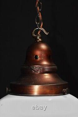 Art deco industrial Opaline glass & bronze pendant schoolhouse light C-1940s
