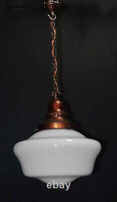 Art deco industrial Opaline glass & bronze pendant schoolhouse light C-1940s