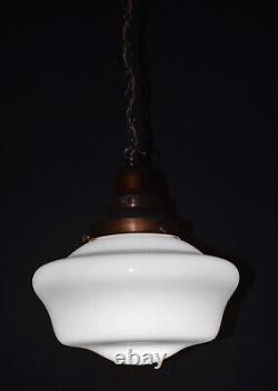Art deco industrial Opaline glass & bronze pendant schoolhouse light C-1940s