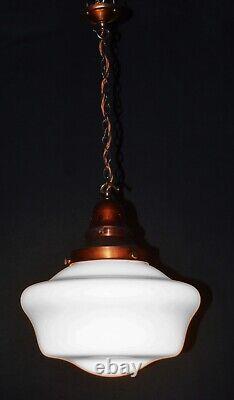 Art deco industrial Opaline glass & bronze pendant schoolhouse light C-1940s