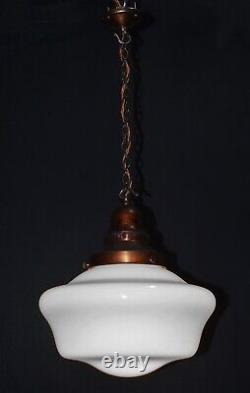 Art deco industrial Opaline glass & bronze pendant schoolhouse light C-1940s