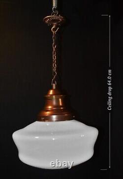 Art deco industrial Opaline glass & chrome pendant schoolhouse light C-1920s