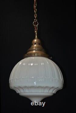 Art deco industrial Opaline glass & chrome pendant schoolhouse light C-1920s