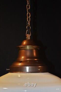 Art deco industrial Opaline glass & chrome pendant schoolhouse light C-1920s