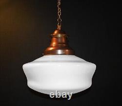 Art deco industrial Opaline glass & chrome pendant schoolhouse light C-1920s