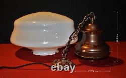Art deco industrial Opaline glass & chrome pendant schoolhouse light C-1920s