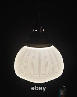 Art deco industrial Opaline glass & chrome pendant schoolhouse light C-1920s