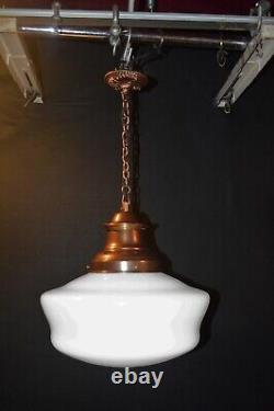 Art deco industrial Opaline glass & chrome pendant schoolhouse light C-1920s