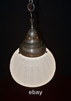 Art deco industrial Opaline glass & chrome pendant schoolhouse light C-1920s