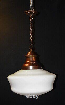 Art deco industrial Opaline glass & chrome pendant schoolhouse light C-1920s
