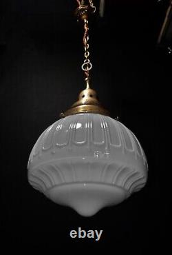 Art deco industrial Opaline glass & chrome pendant schoolhouse light C-1920s