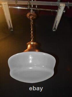 Art deco industrial Opaline glass & chrome pendant schoolhouse light C-1920s