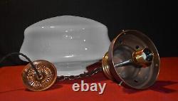 Art deco industrial Opaline glass & chrome pendant schoolhouse light C-1920s