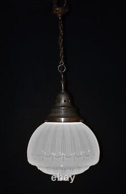 Art deco industrial Opaline glass & chrome pendant schoolhouse light C-1920s